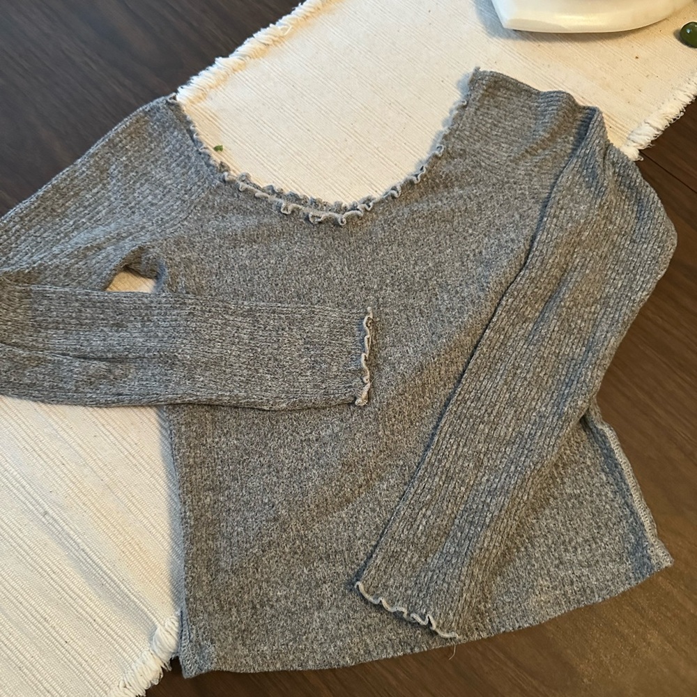 grey Abercrombie & Fitch ruffle hem off the shoulder top